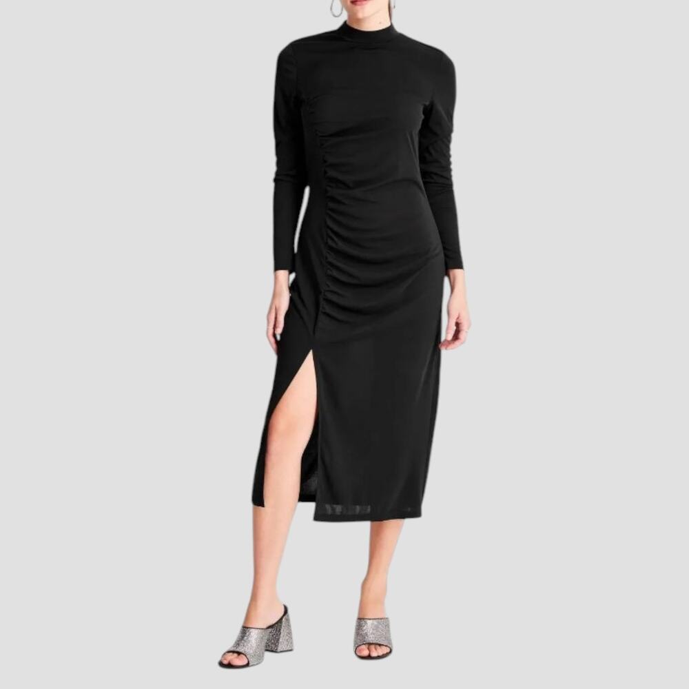 Future Collective Long Sleeve Mock Neck Ruched Black Midi Dress Women’s Medium - Picture 14 of 16